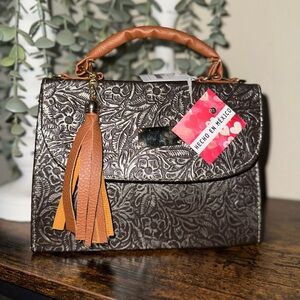 Embossed Floral Top-Handle Bag with Tassel - Brown